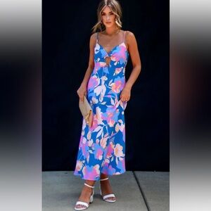 Vicidolls Kaiya Tropical Print Midi Dress - Blue/Multi